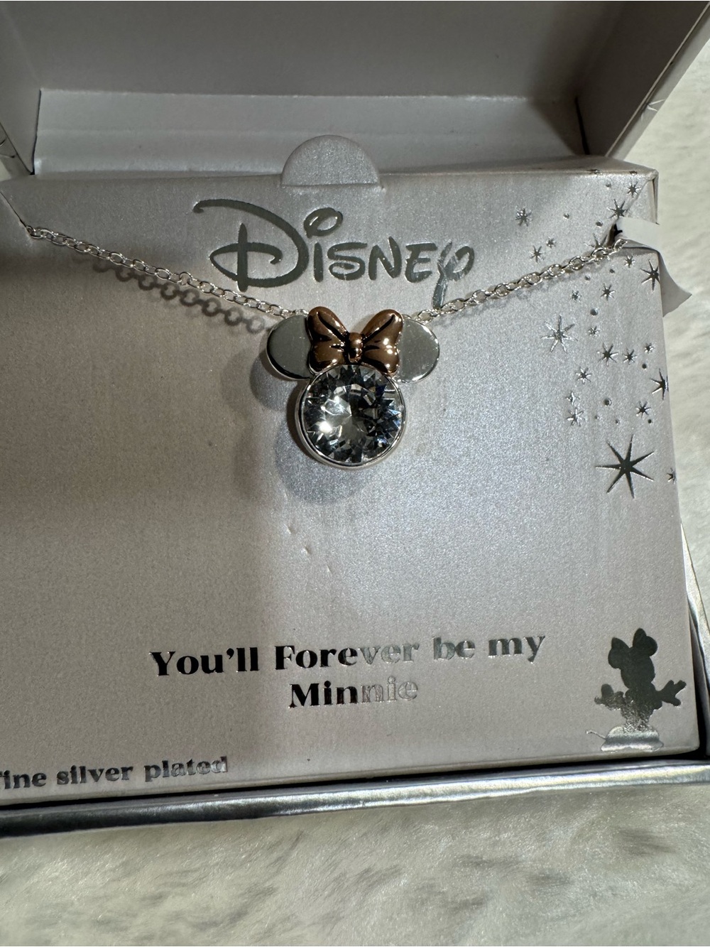 New Disney Minnie Mouse Silver-Plated Necklace with Rose Gold Bow